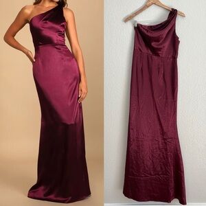 On the Guest List Burgundy Satin One-Shoulder Maxi Dress